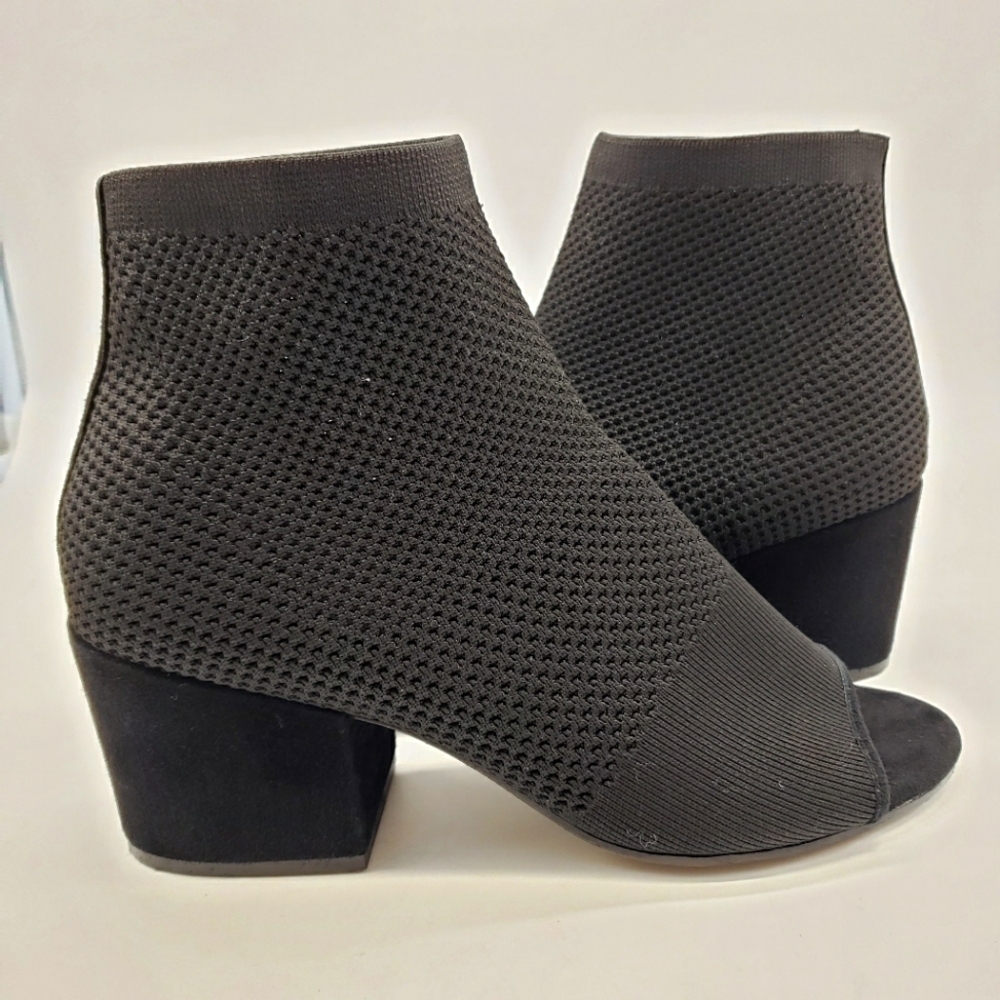 Eileen Fisher heeled ankle booties women US 11 black stretch mesh peep toe suede